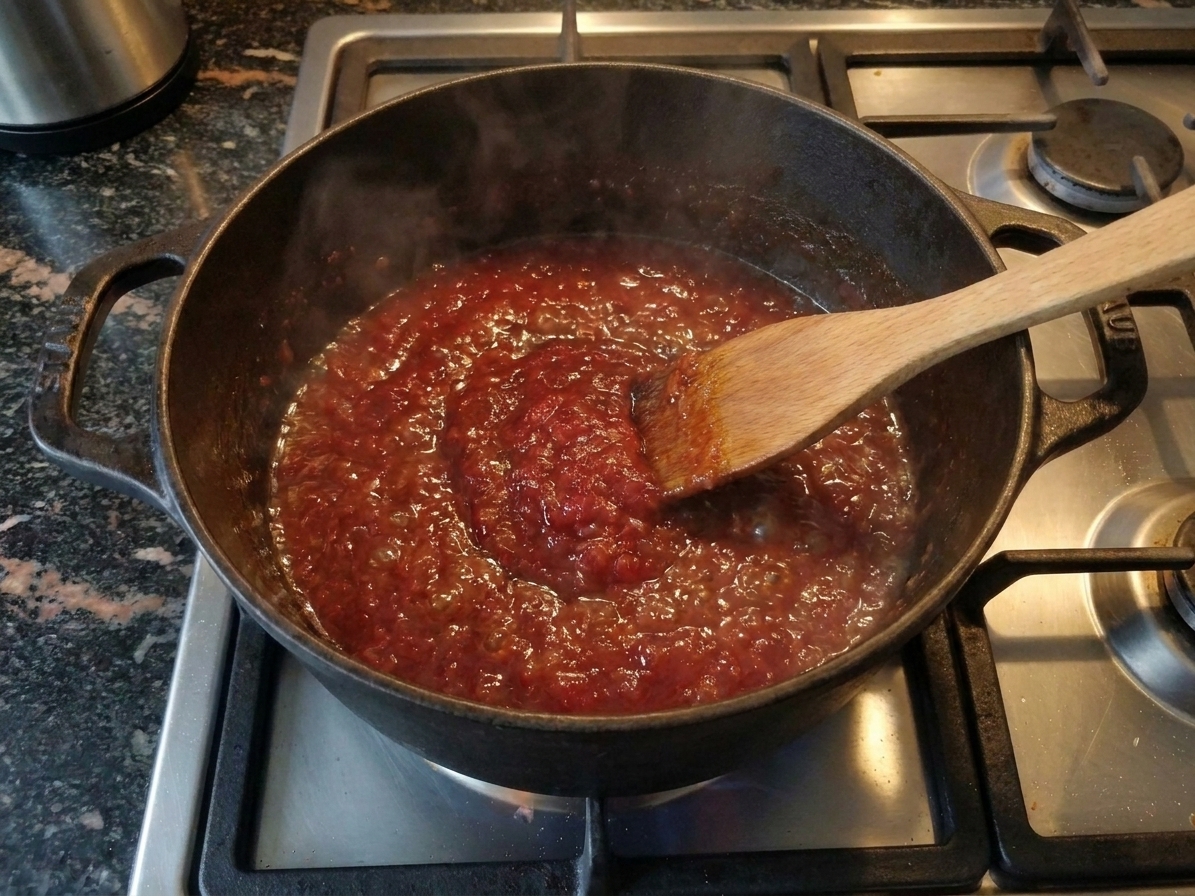 A wooden spoon stirring a pot of simmering tomato jam on a stovetop, with cozy kitchen lighting