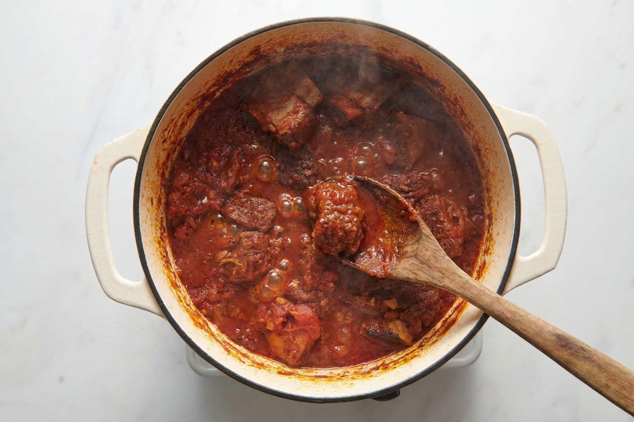 A wooden spoon stirring a pot of thick red Sunday sauce as it gently bubbles on the stove