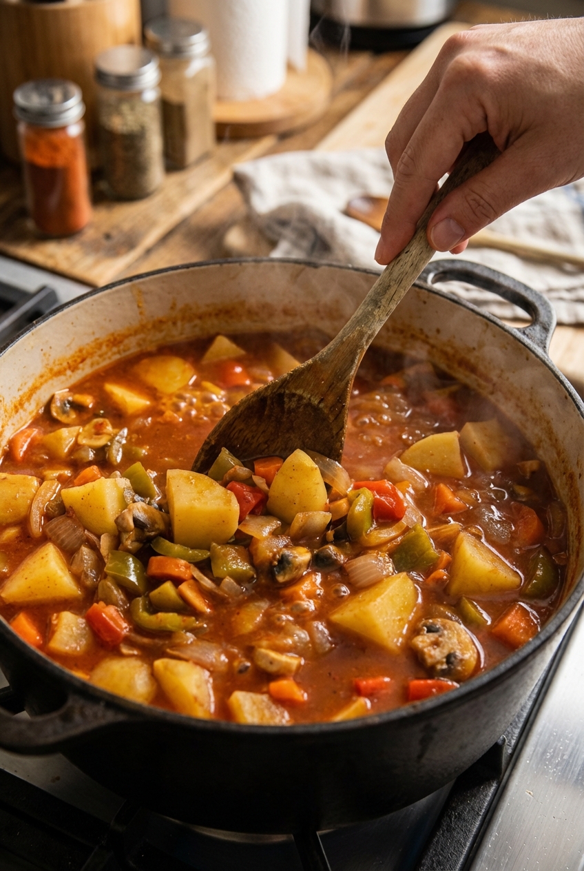 A wooden spoon stirring a pot of vegan goulash showing softened onions, paprika-tomato broth, and chunks of potato