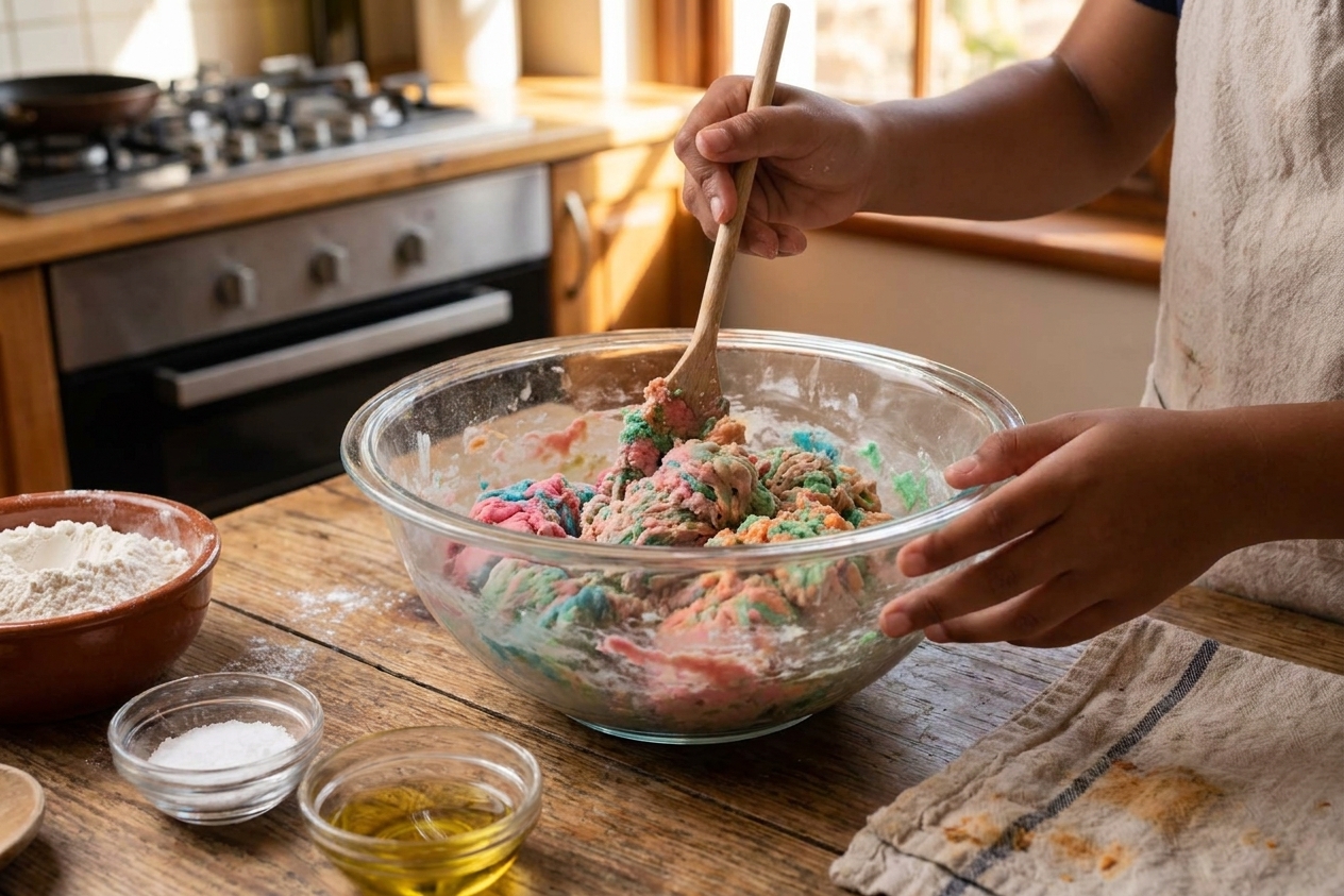 A wooden spoon stirring a shaggy play dough mixture in a glass mixing bowl on a kitchen counter.