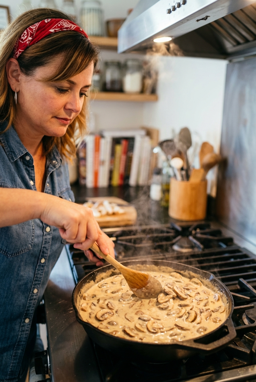 A wooden spoon stirring a thick creamy sauce with sliced mushrooms in a skillet on a stovetop