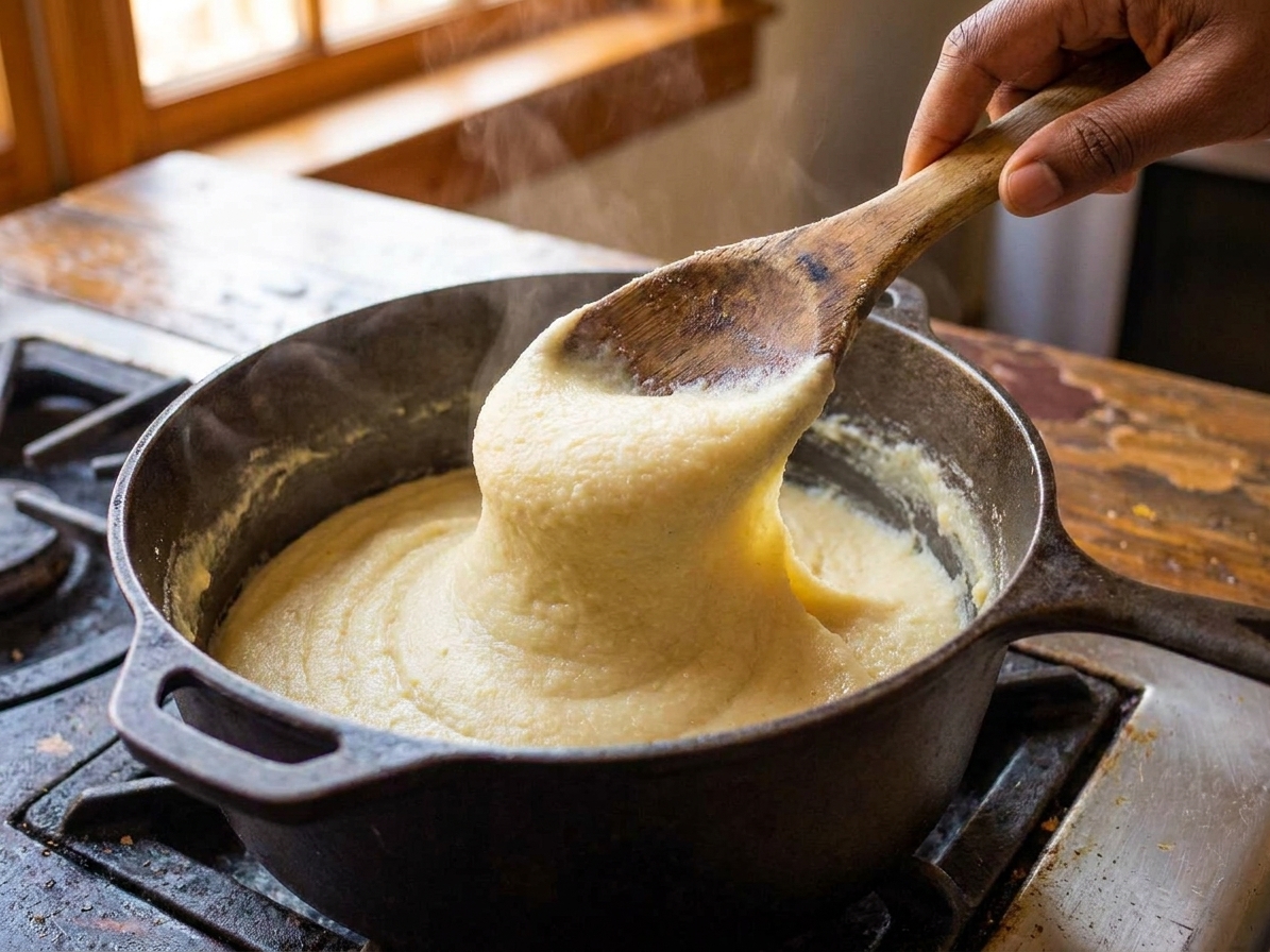 A wooden spoon stirring a thick, smooth ugali dough in a pot, the mixture pulling cleanly from the sides