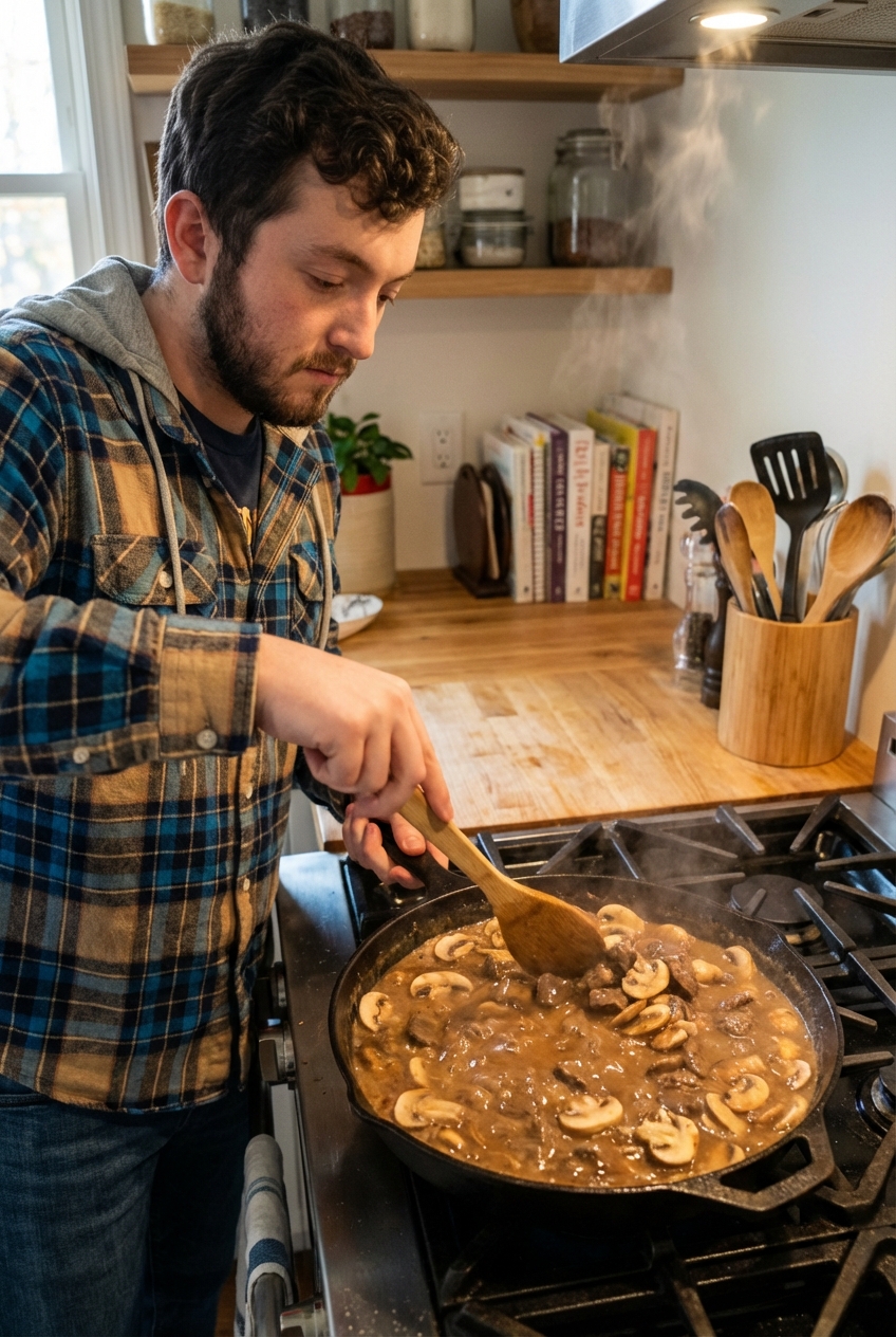A wooden spoon stirring beef tips and mushrooms in a thick brown gravy in a skillet