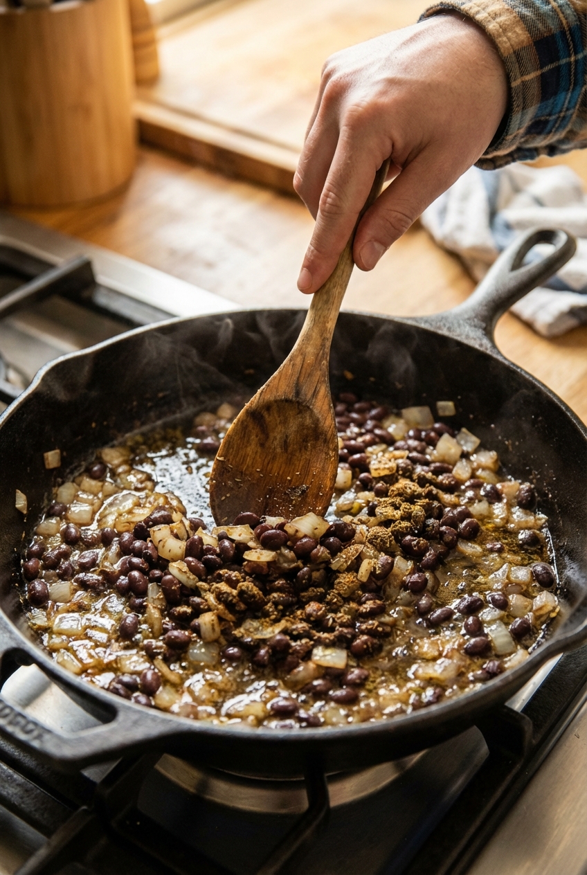 A wooden spoon stirring black beans in a skillet with visible onions and spices blooming in oil