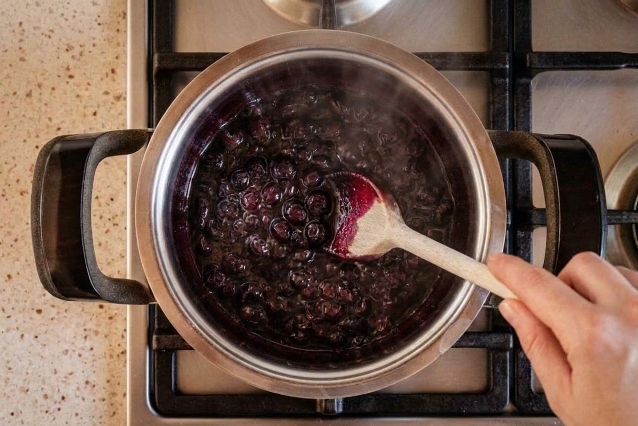 A wooden spoon stirring blueberry compote in a saucepan on a stovetop