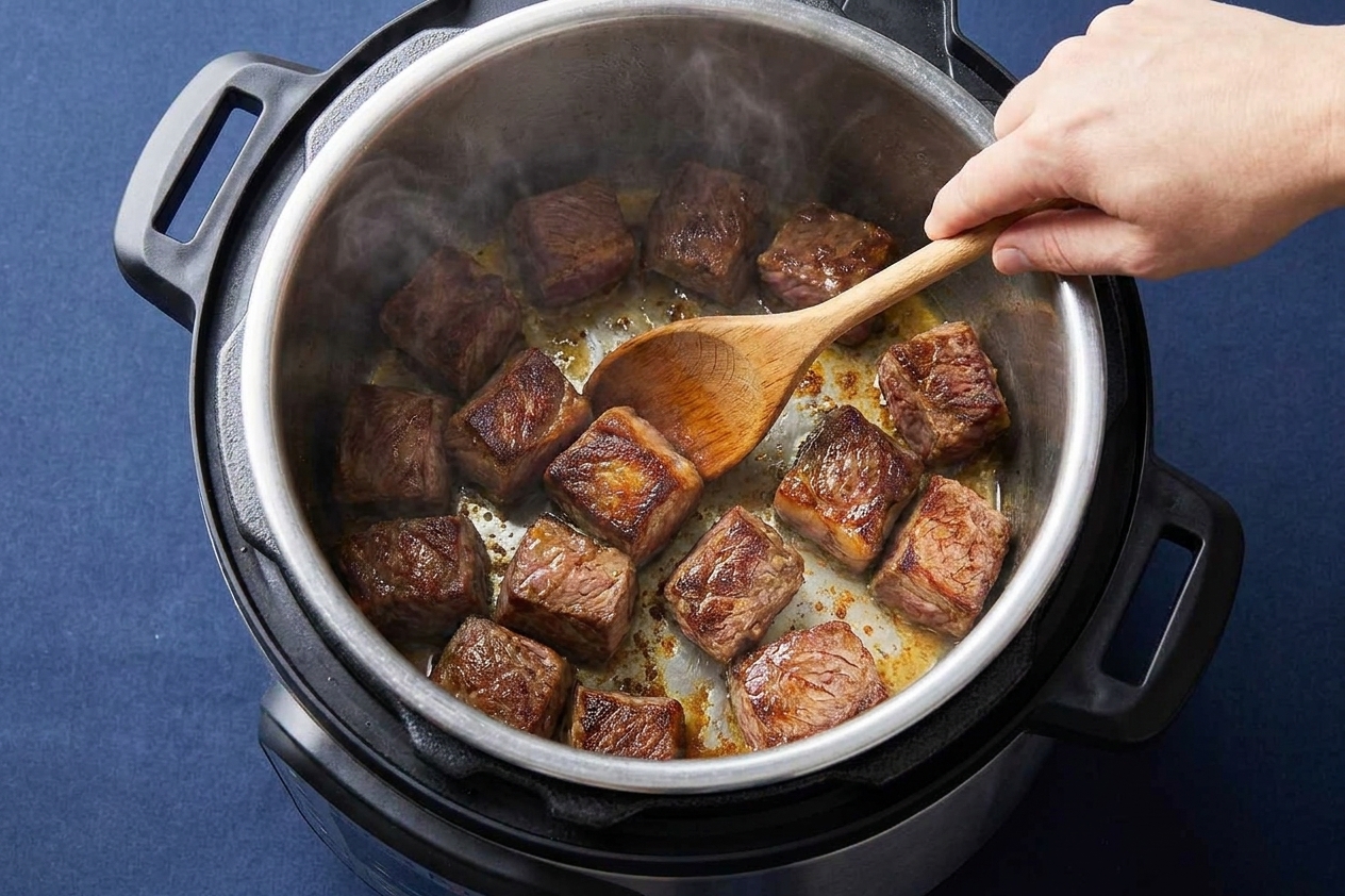 A wooden spoon stirring browned beef pieces in an Instant Pot insert during the saute step