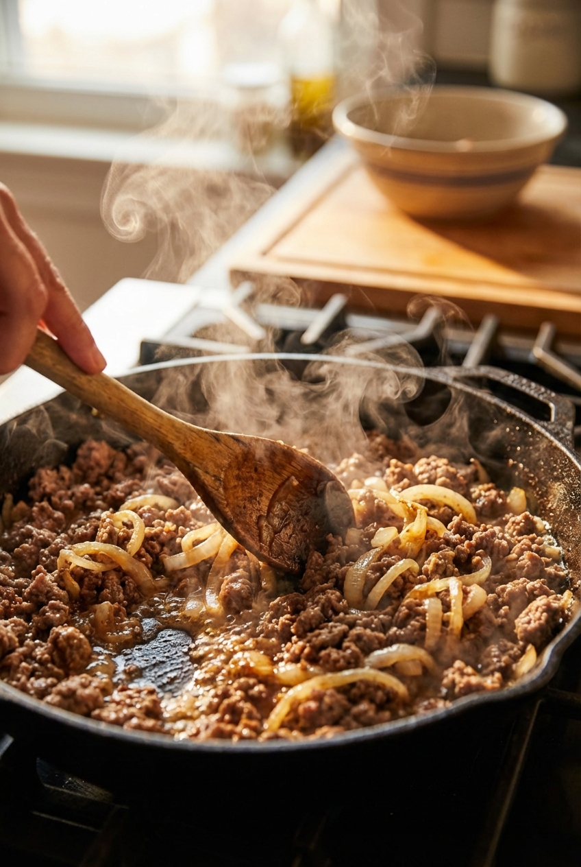 A wooden spoon stirring browned ground beef and onions in a skillet with steam rising