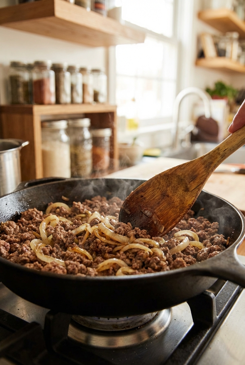 A wooden spoon stirring browned ground beef and onions in a skillet