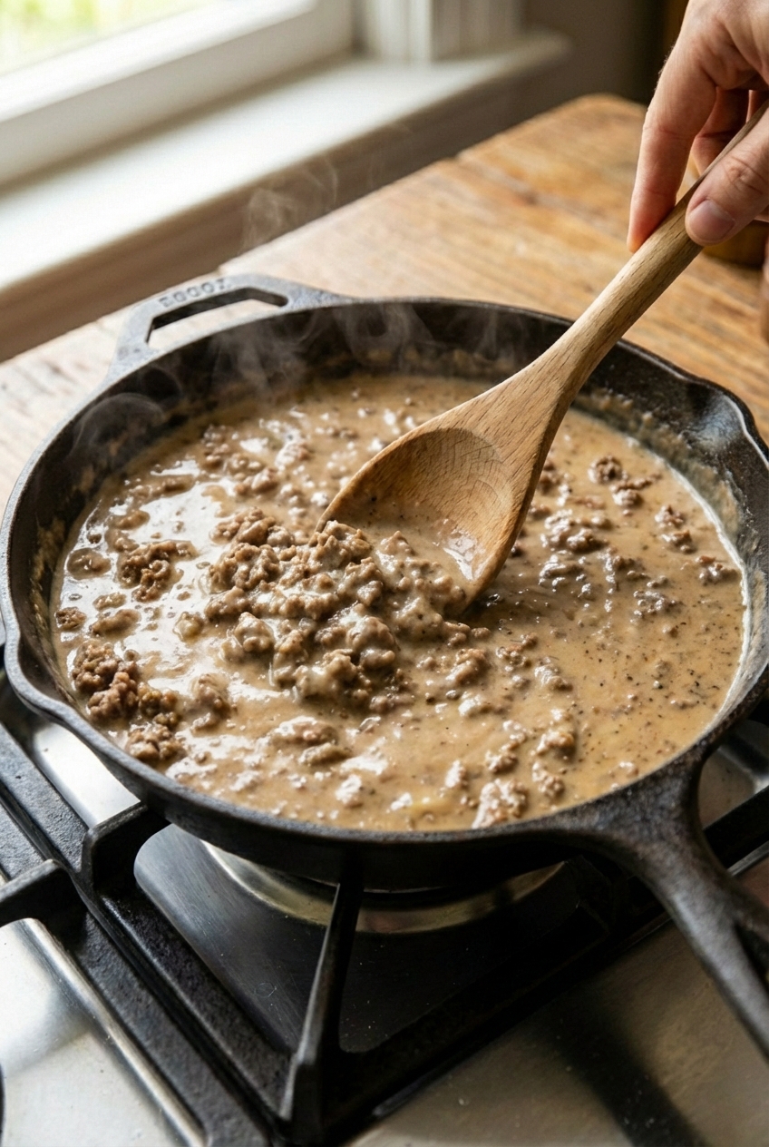 A wooden spoon stirring browned ground beef into a creamy gravy in a skillet on a stovetop