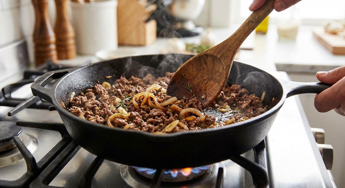 A wooden spoon stirring browned ground beef with onions and garlic in a skillet on the stovetop
