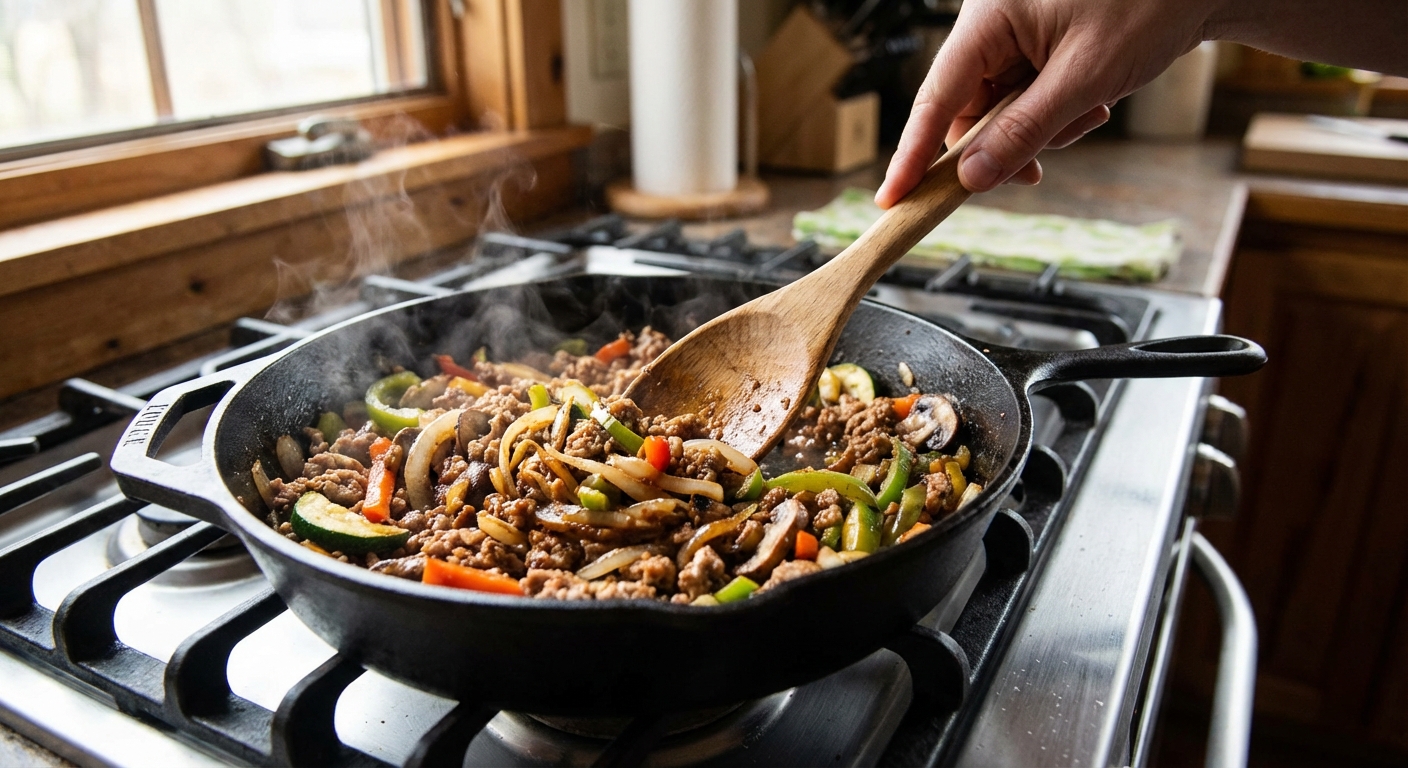 A wooden spoon stirring browned ground turkey and sautéed vegetables in a skillet on a stovetop