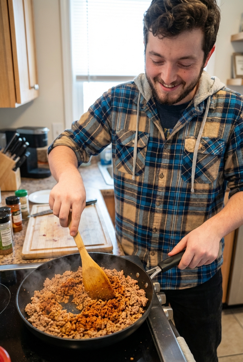 A wooden spoon stirring browned ground turkey taco meat in a nonstick skillet