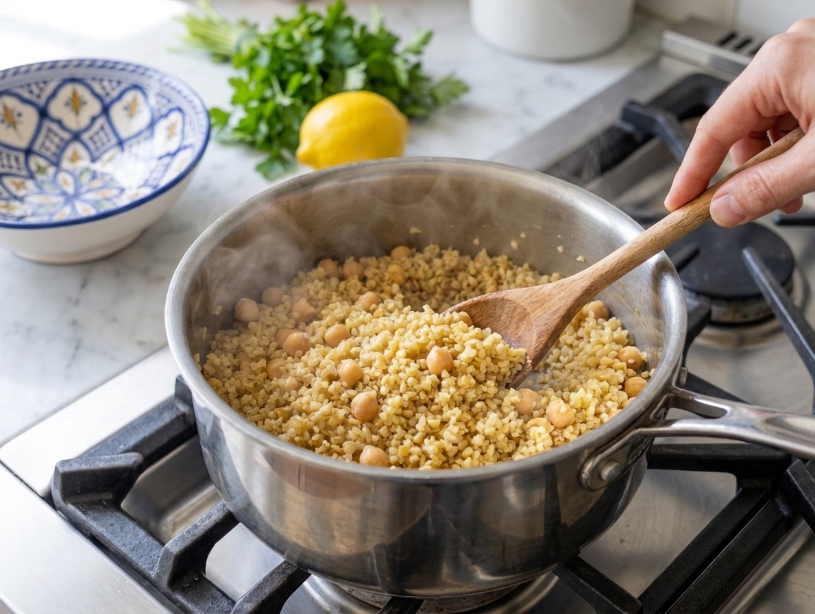 A wooden spoon stirring bulgur pilaf with chickpeas in a saucepan on a stovetop with steam rising