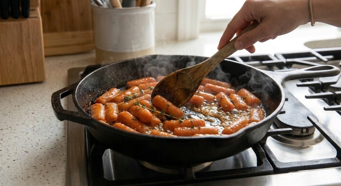 A wooden spoon stirring carrots in a bubbling brown sugar and butter glaze in a skillet on the stovetop