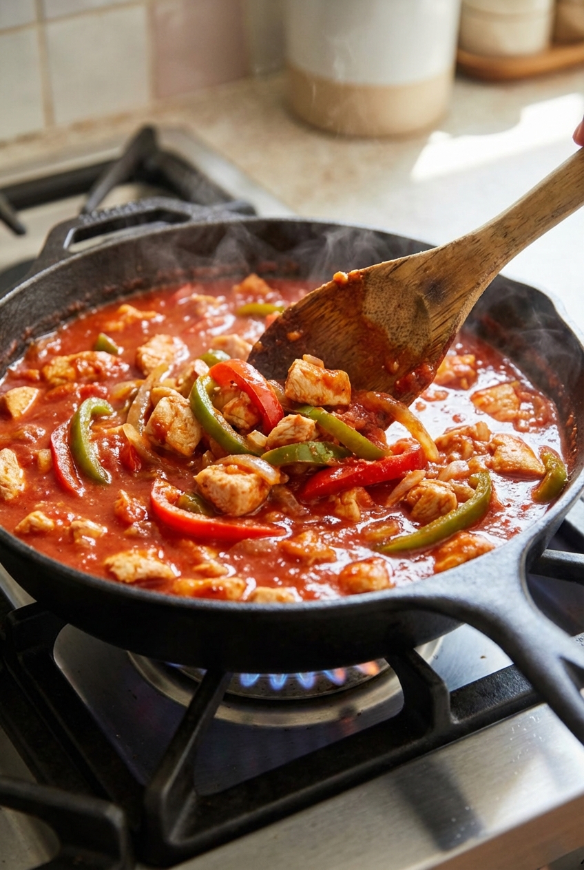 A wooden spoon stirring chicken and peppers in a bubbling red chipotle tomato sauce in a skillet on a stovetop