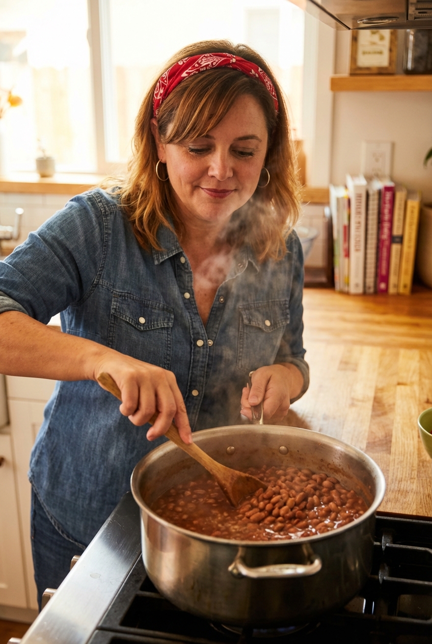 A wooden spoon stirring cowboy beans in a pot on a stovetop with steam rising in a warm kitchen