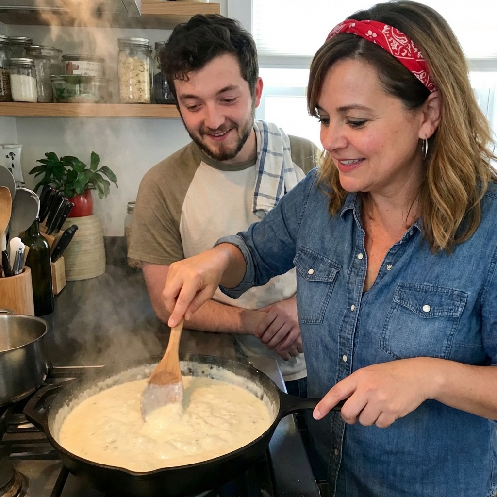 A wooden spoon stirring creamy Alfredo sauce in a skillet with steam rising softly