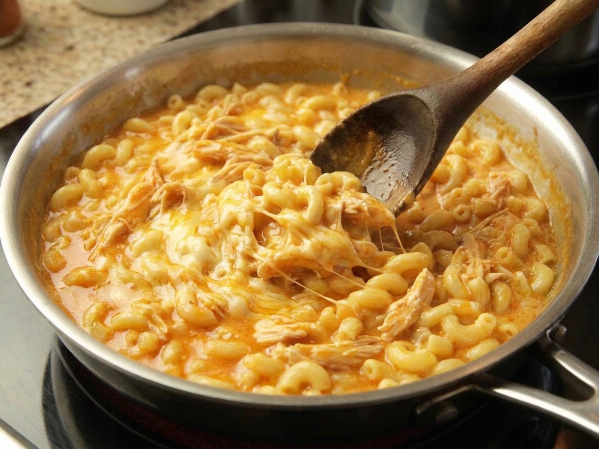 A wooden spoon stirring creamy Buffalo chicken mac and cheese in a large skillet