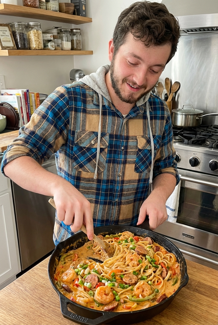A wooden spoon stirring creamy Cajun pasta in a skillet