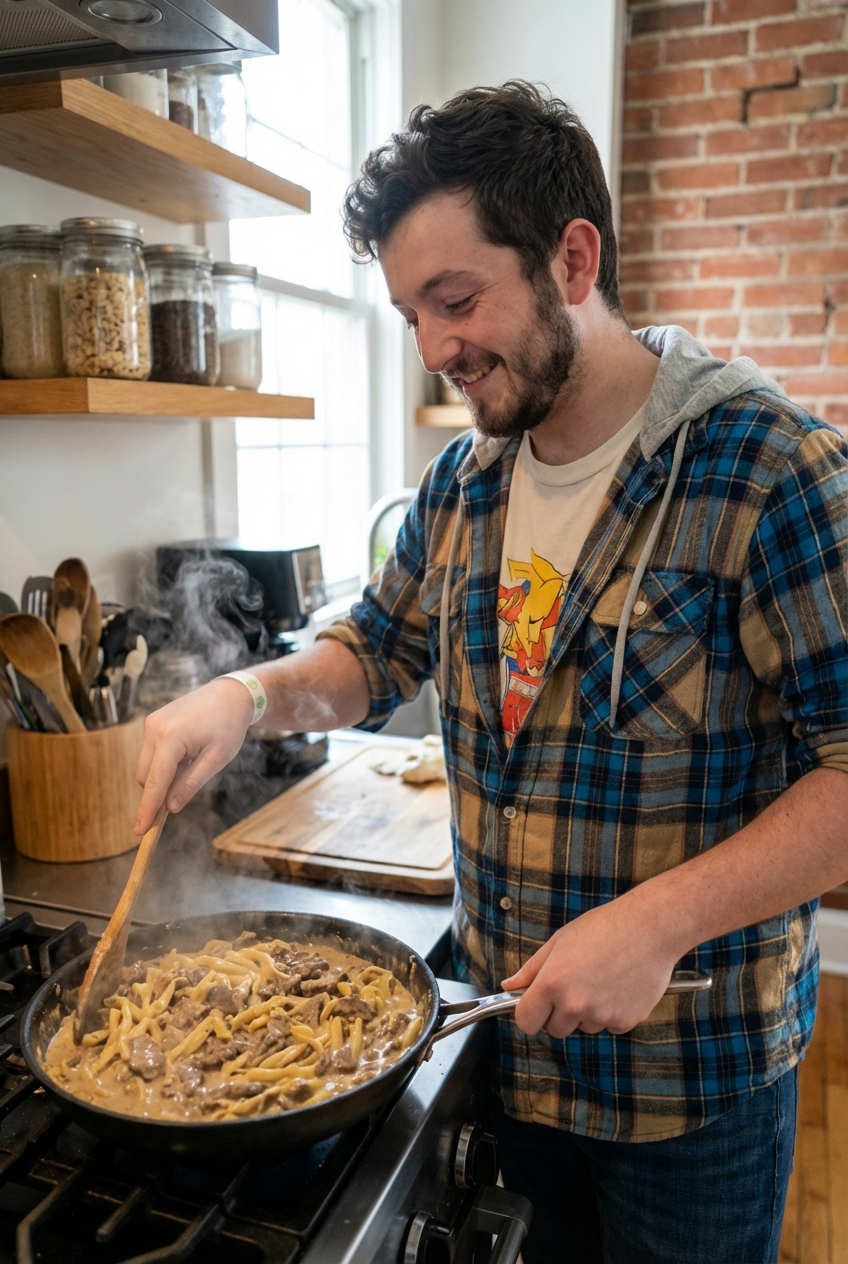 A wooden spoon stirring creamy beef and pasta in a skillet while steam rises