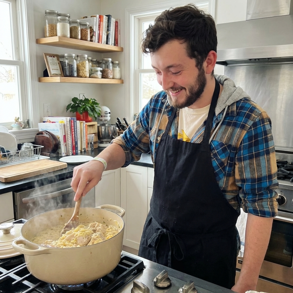 A wooden spoon stirring creamy lemon sauce with orzo and chicken in a light-colored Dutch oven