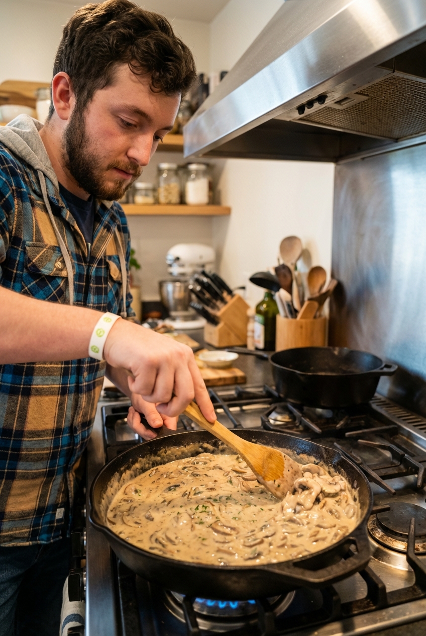 A wooden spoon stirring creamy mushroom sauce in a skillet on the stove