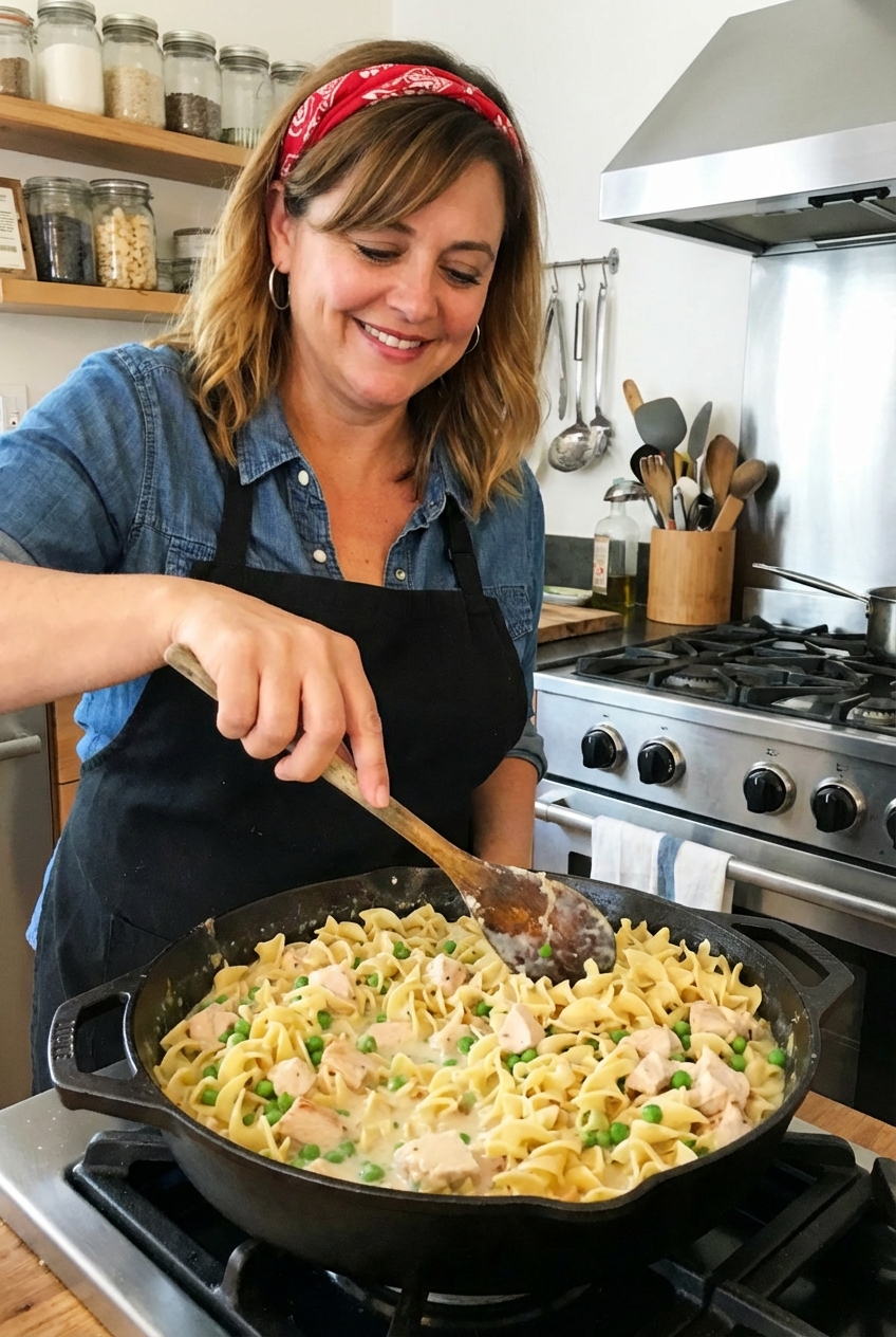 A wooden spoon stirring creamy noodles and chicken in a wide skillet on a stovetop