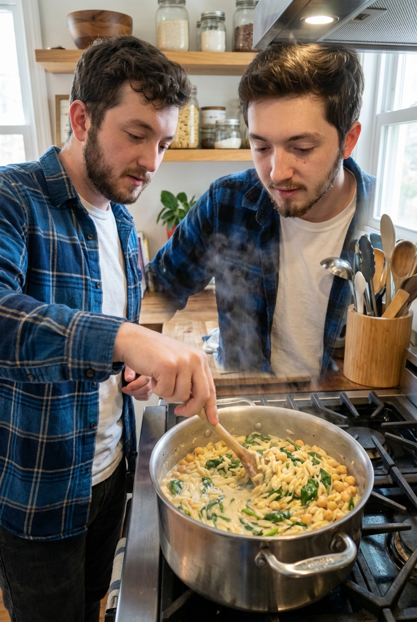 A wooden spoon stirring creamy orzo and chickpeas in a pot on a stovetop