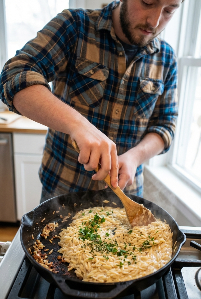 A wooden spoon stirring creamy orzo in a skillet with browned bits and herbs