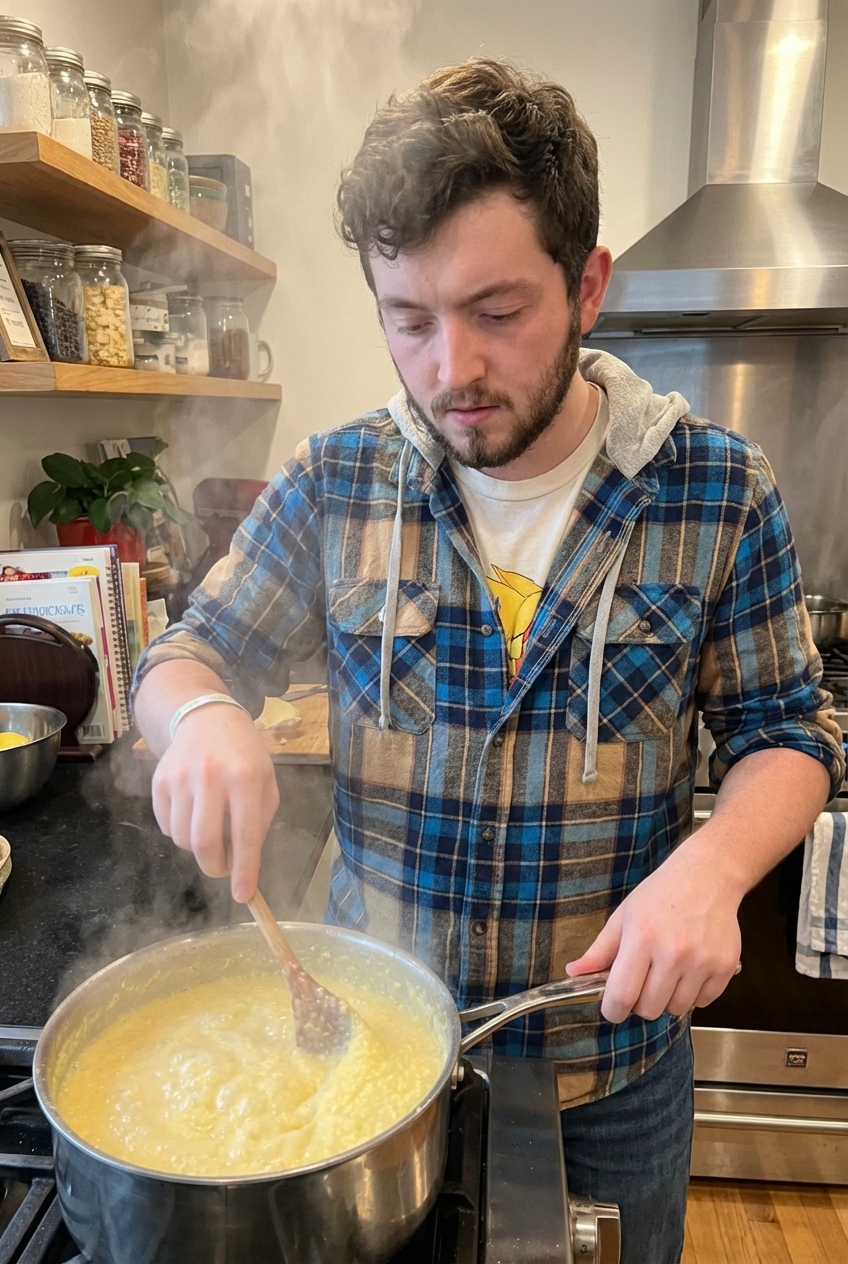 A wooden spoon stirring creamy polenta in a pot on a stovetop, with steam rising
