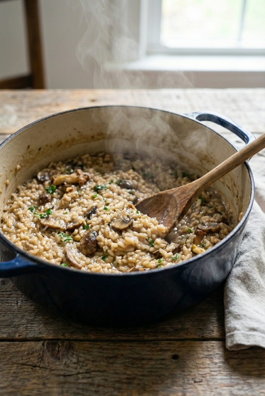 A wooden spoon stirring creamy risotto in a Dutch oven with steam rising