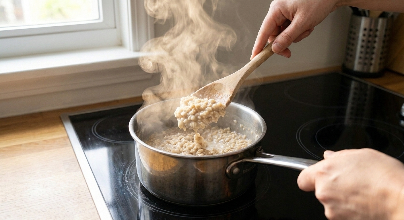 A wooden spoon stirring creamy rolled oats in a small saucepan on a stovetop, with steam rising in warm kitchen light