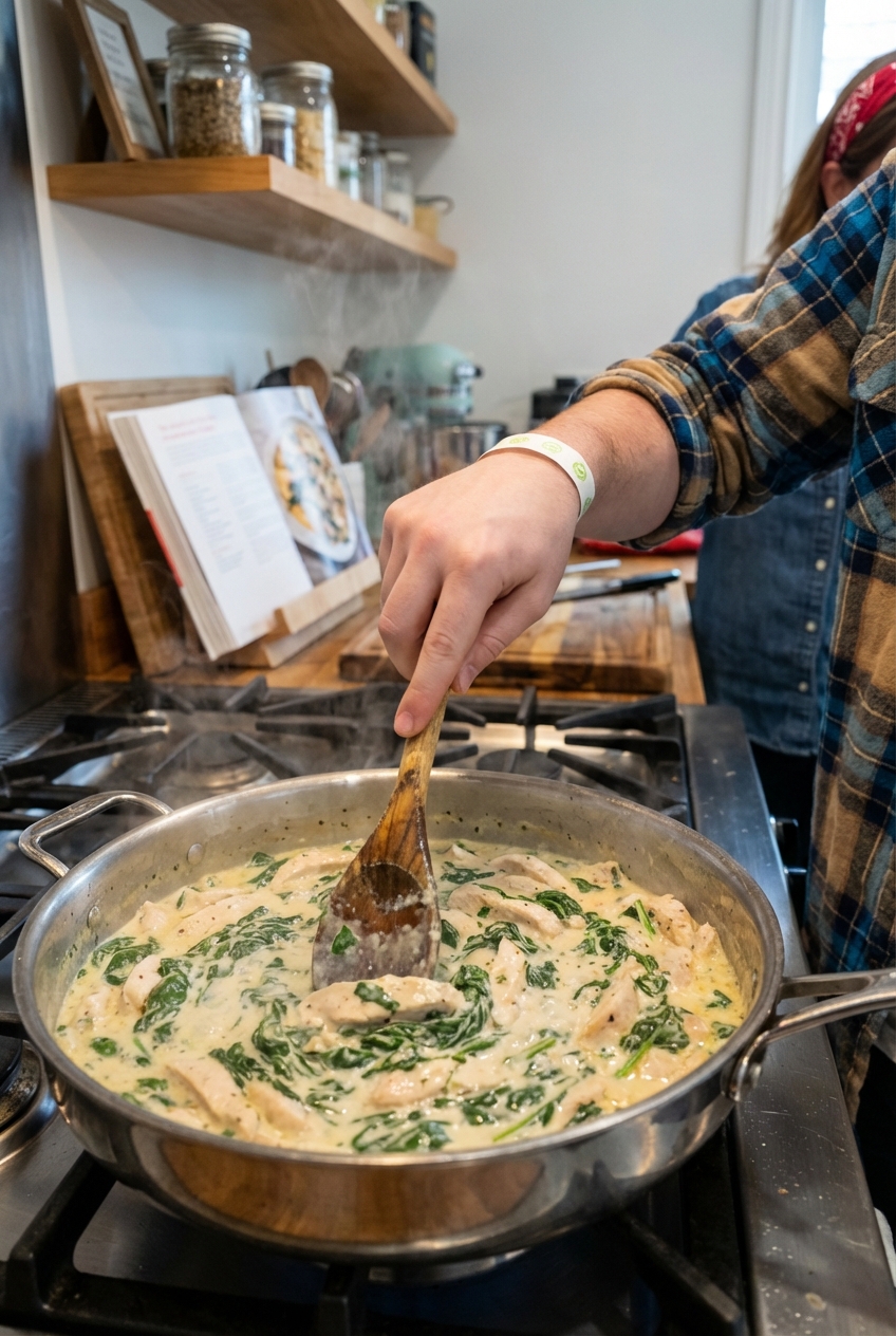 A wooden spoon stirring creamy spinach sauce with sliced chicken in a stainless steel skillet