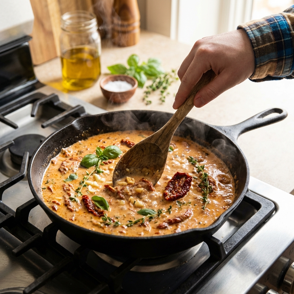 A wooden spoon stirring creamy sun-dried tomato sauce in a skillet with garlic and herbs