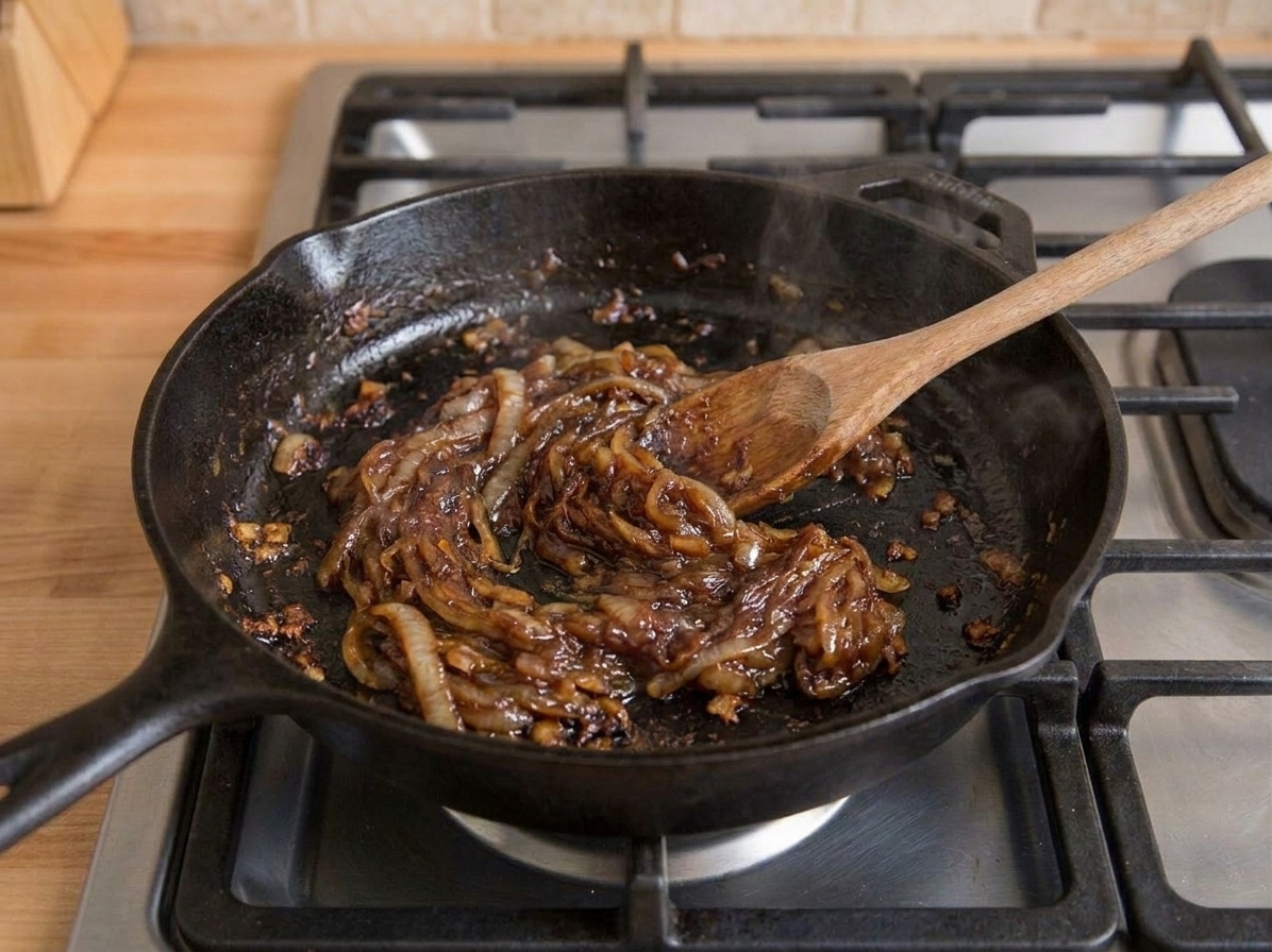 A wooden spoon stirring deeply browned caramelized onions in a skillet with small browned bits on the pan