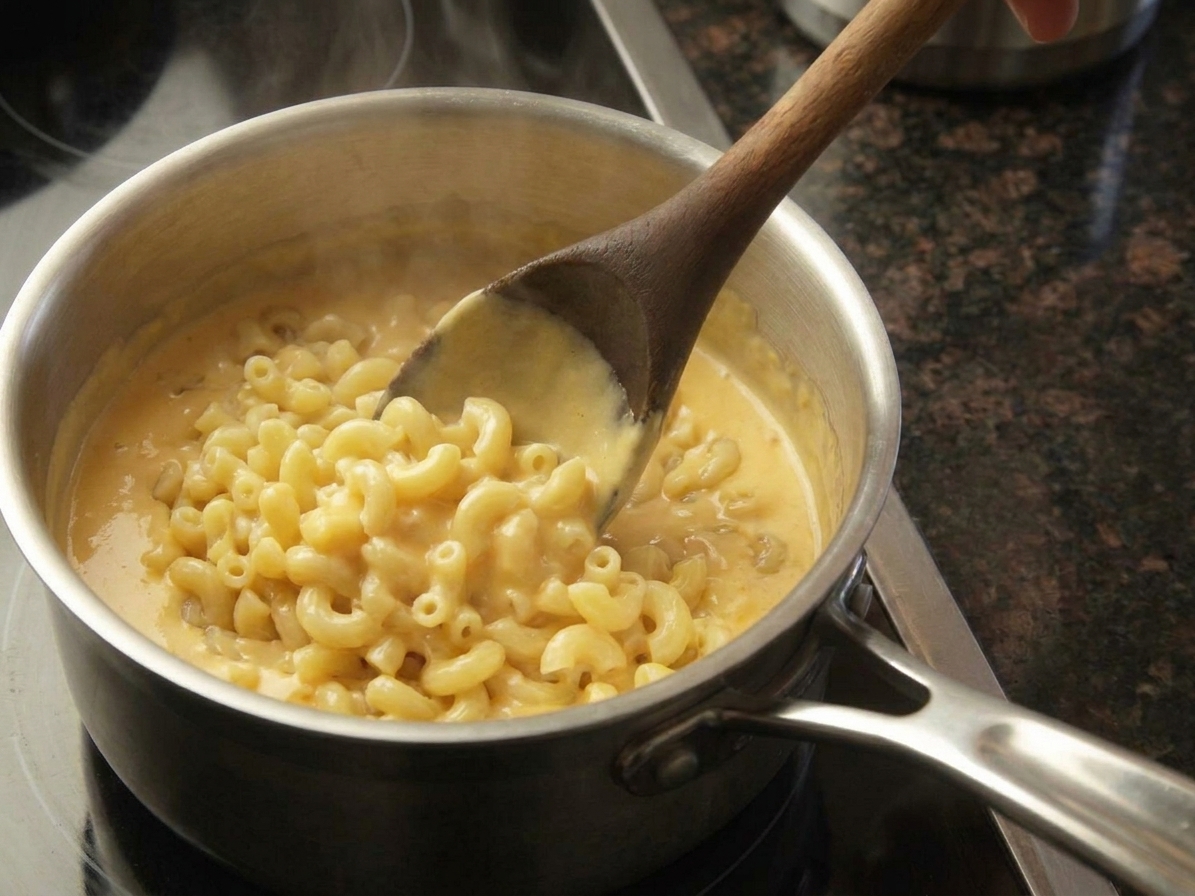 A wooden spoon stirring elbow macaroni into a creamy cheese sauce in a saucepan on the stove