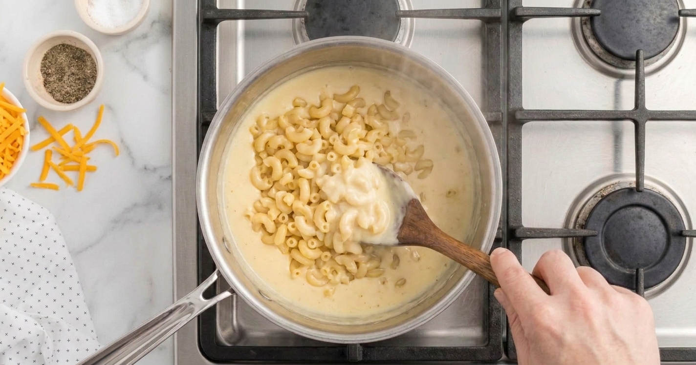 A wooden spoon stirring elbow macaroni into creamy cheese sauce in a pot on the stove