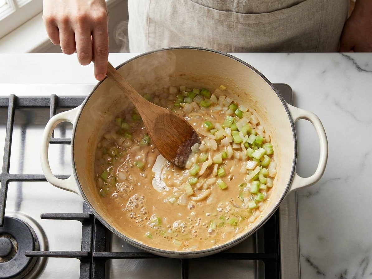 A wooden spoon stirring flour and fat into a smooth roux in a pot with sautéed onions and celery