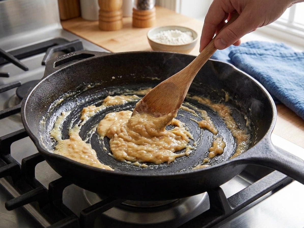 A wooden spoon stirring flour into melted butter and shallots in a skillet, forming a thick paste