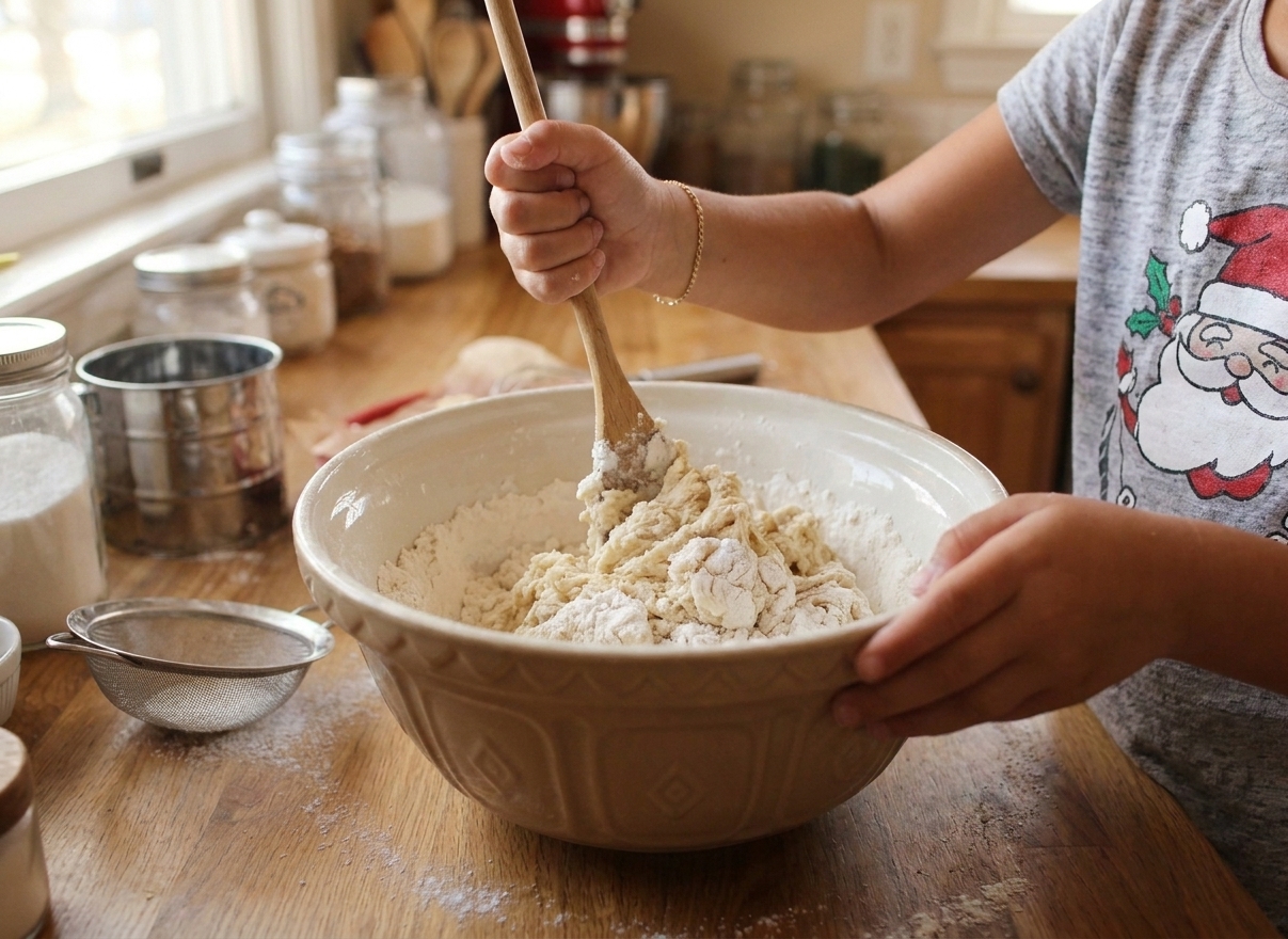 A wooden spoon stirring flour, salt, and water into a shaggy dough inside a ceramic mixing bowl on a kitchen counter