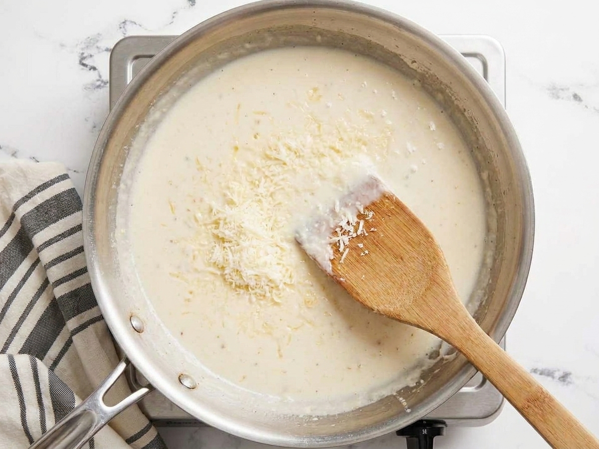 A wooden spoon stirring freshly grated Parmesan into a creamy sauce in a skillet as it turns smooth and glossy