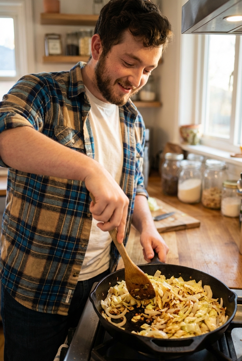 A wooden spoon stirring fried cabbage in a skillet with visible browned bits and softened onion slices