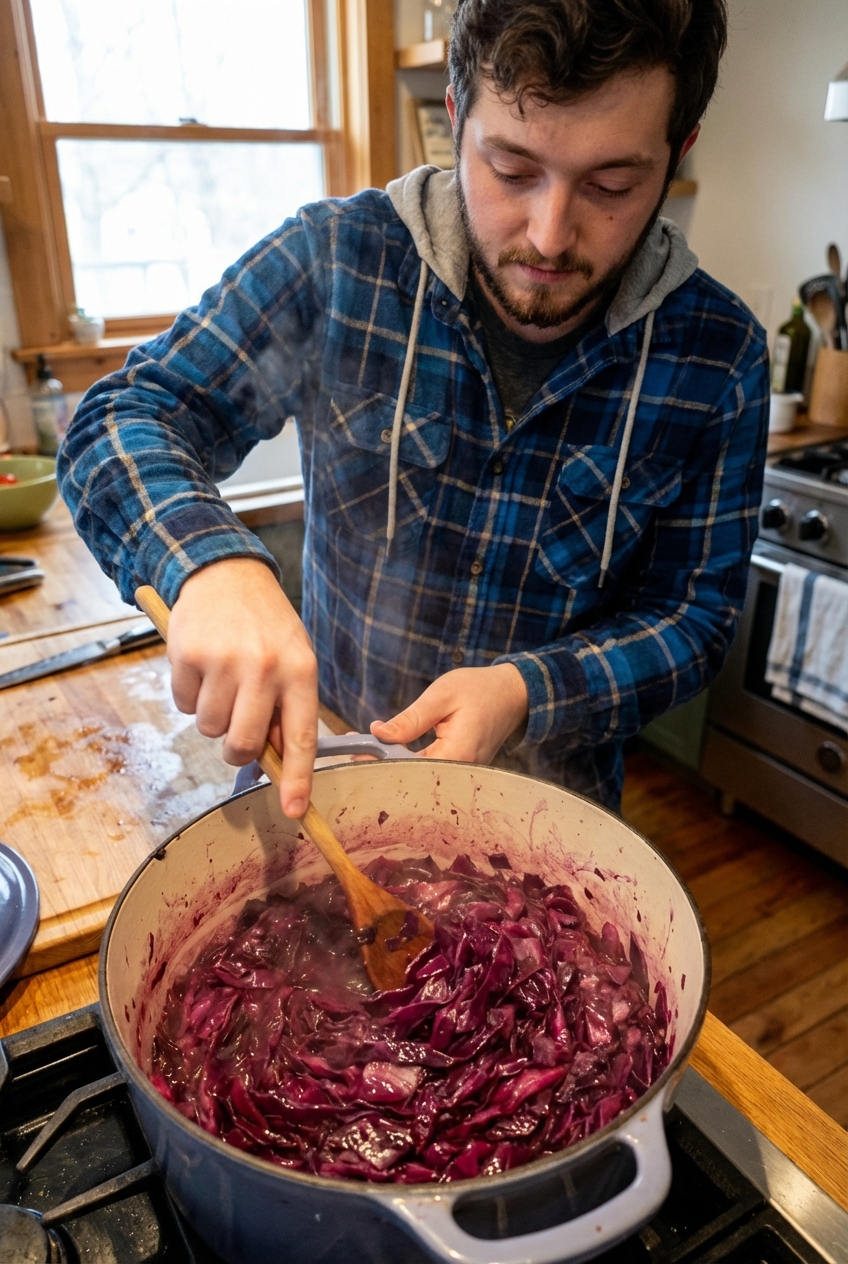 A wooden spoon stirring glossy braised red cabbage in a Dutch oven with steam rising