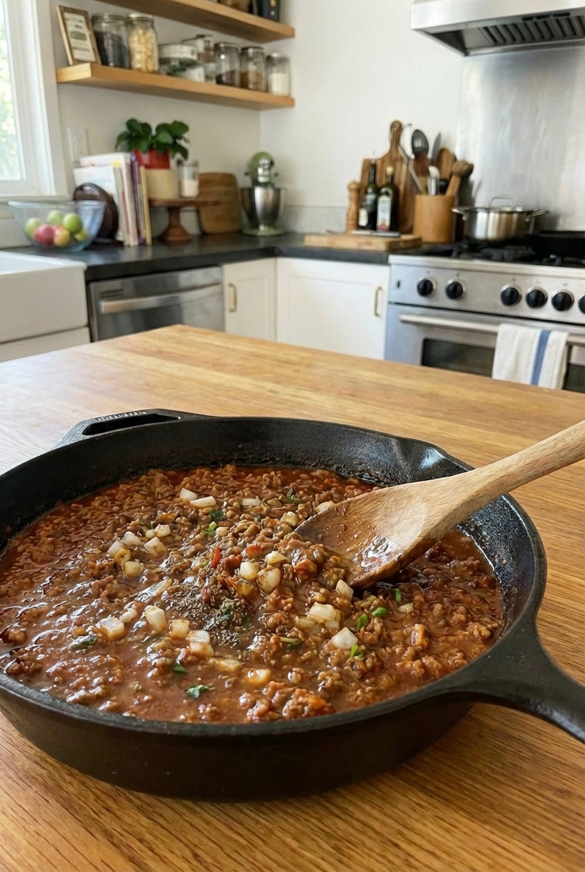 A wooden spoon stirring glossy taco meat in a skillet with visible onions and spices