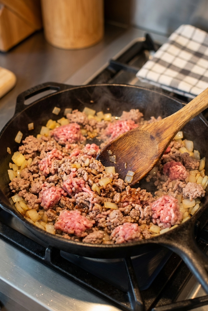 A wooden spoon stirring ground turkey and onions in a skillet as the meat browns