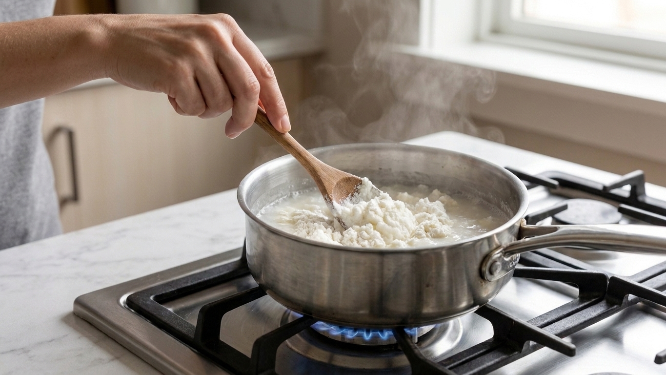 A wooden spoon stirring maize flour into simmering water in a medium pot on a stovetop