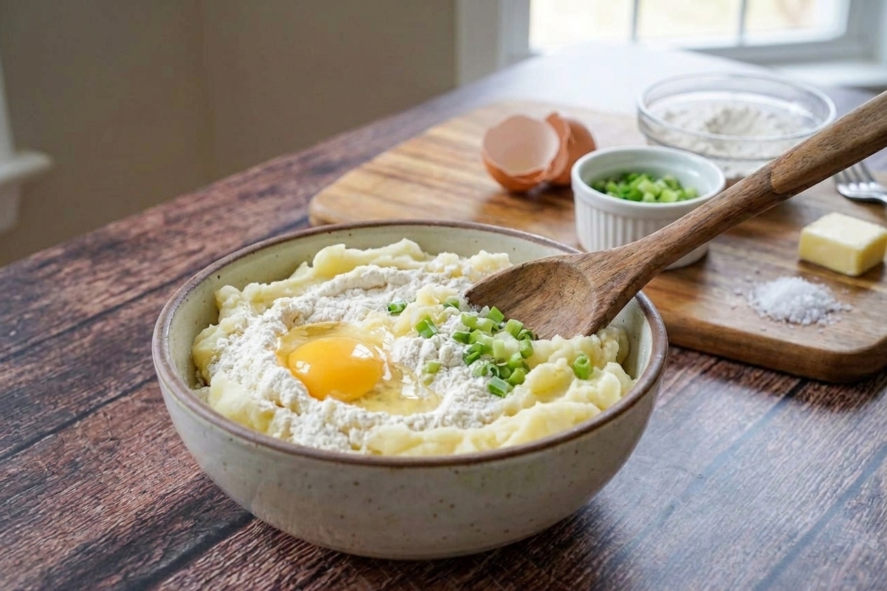 A wooden spoon stirring mashed potatoes with egg, flour, and scallions in a large ceramic bowl
