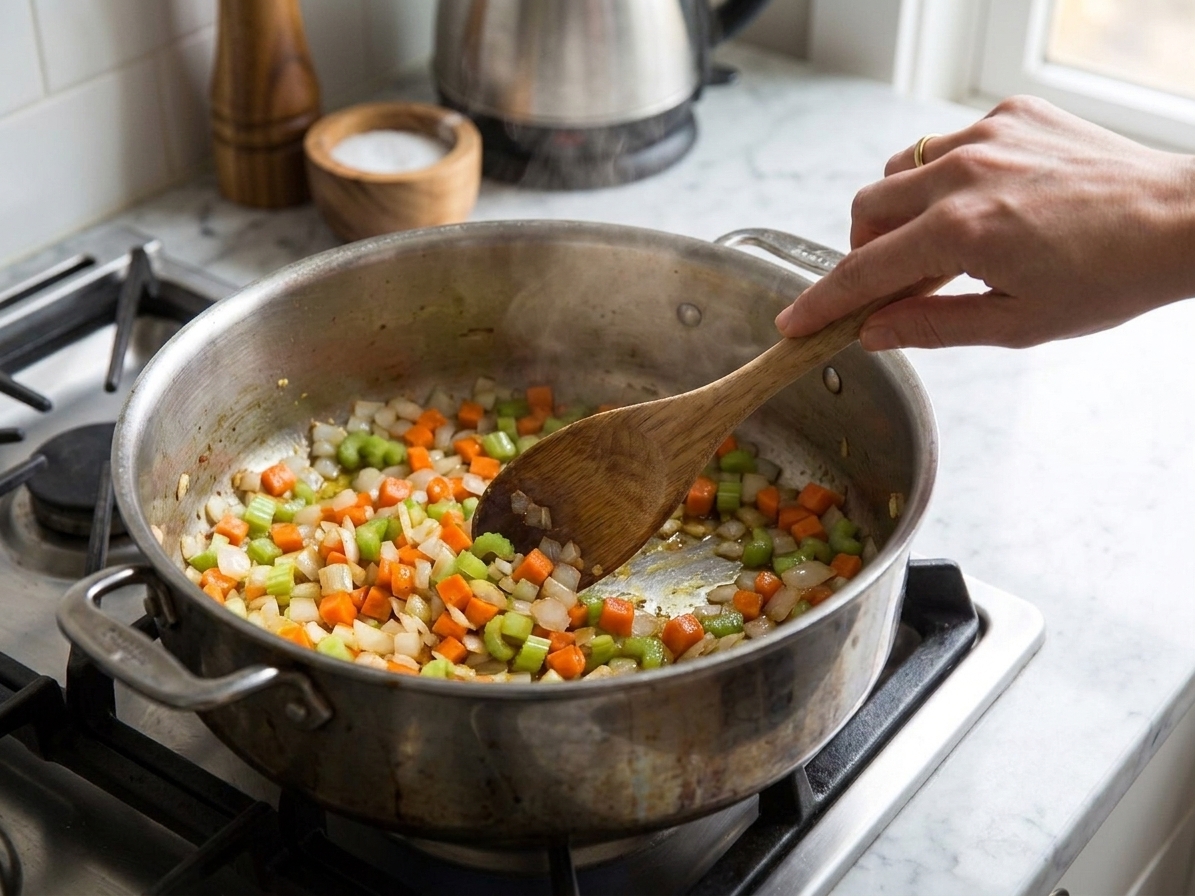 A wooden spoon stirring onion, carrots, and celery as they saute in a large pot on the stovetop