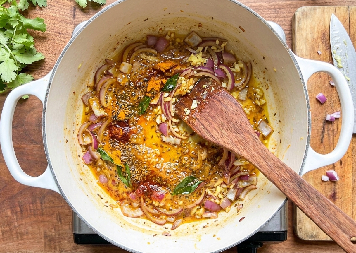 A wooden spoon stirring onions and toasted curry spices in a pot on a stovetop, spices blooming in oil