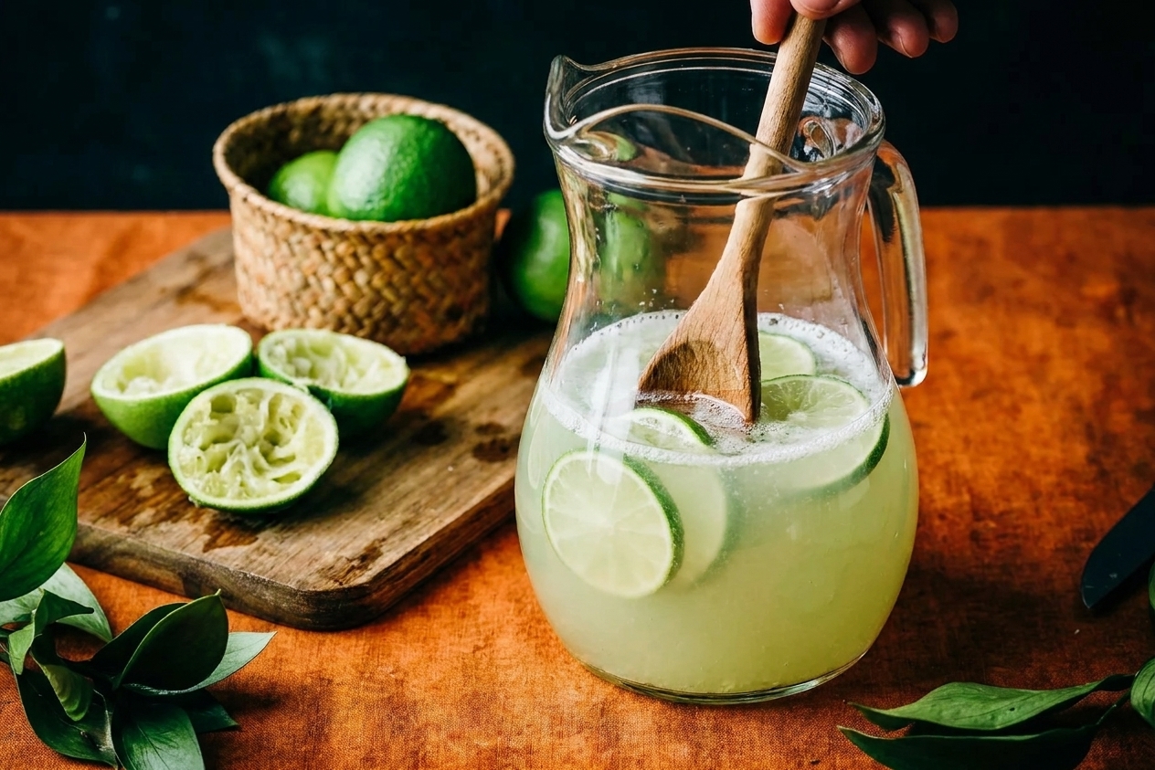 A wooden spoon stirring pale green limeade in a clear glass pitcher with floating lime slices